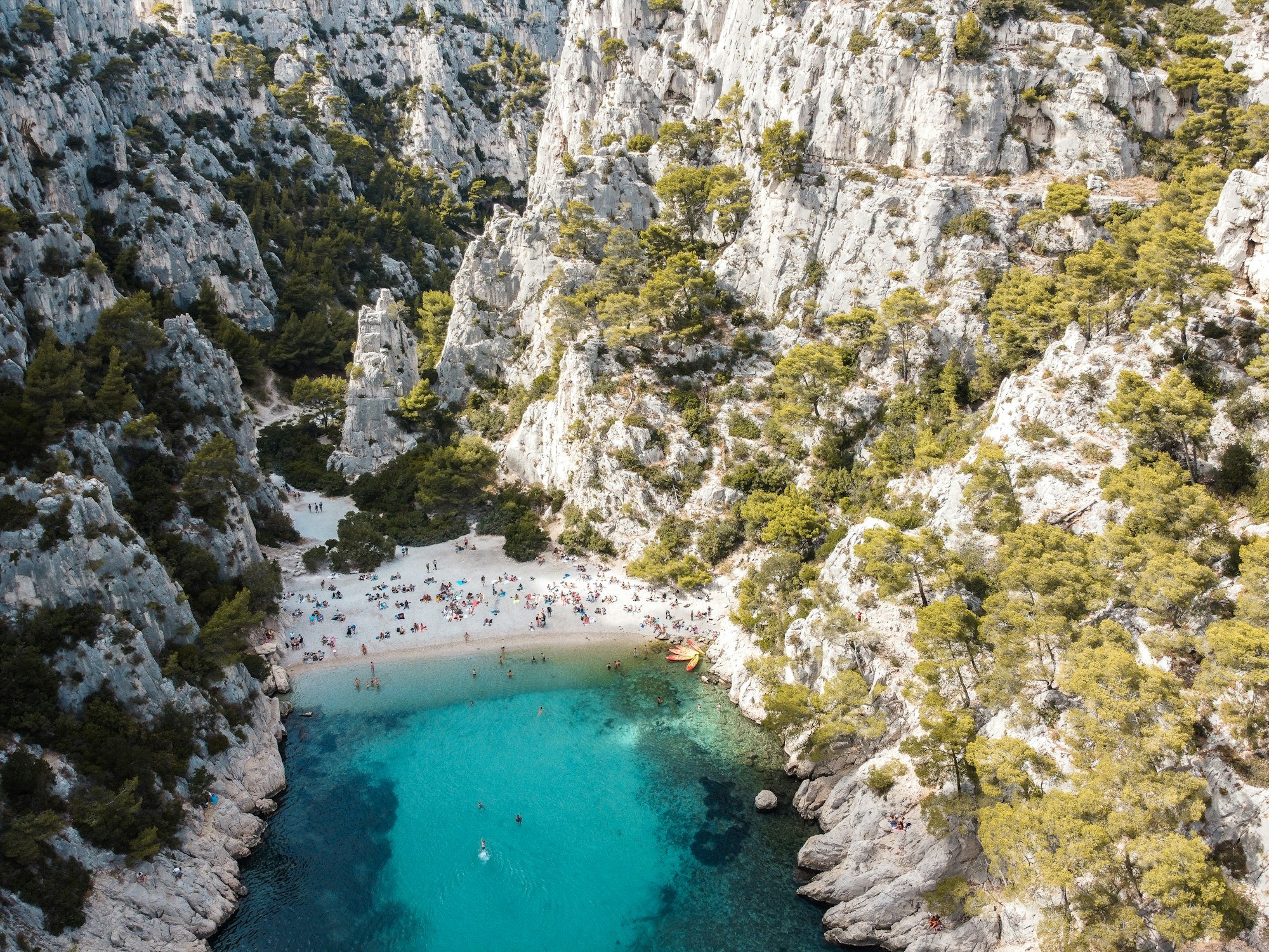 Une calanque vue du ciel : falaises blanches, pins et eau turquoise