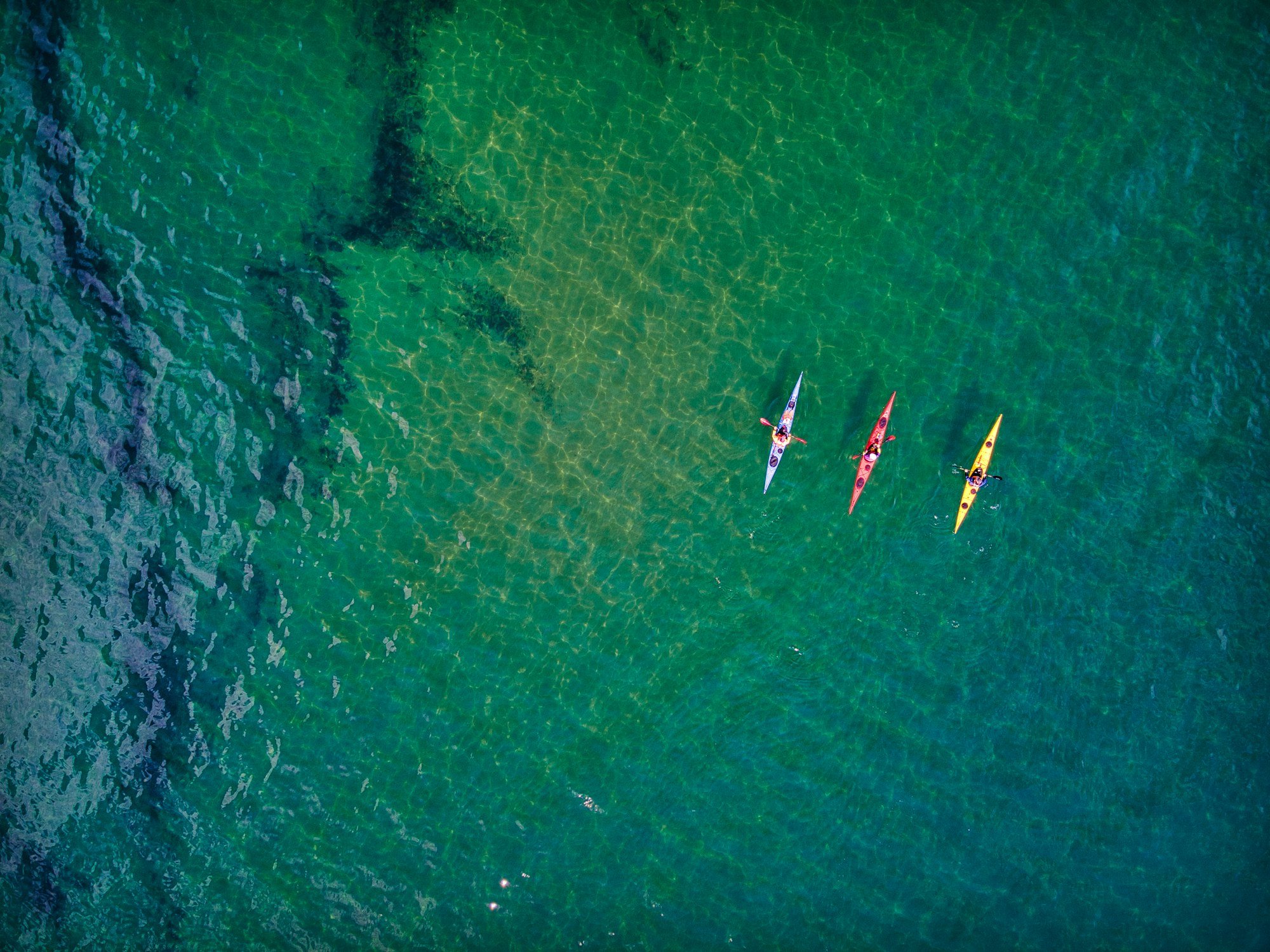 Trois kayaks vus du ciel au-dessus des herbiers