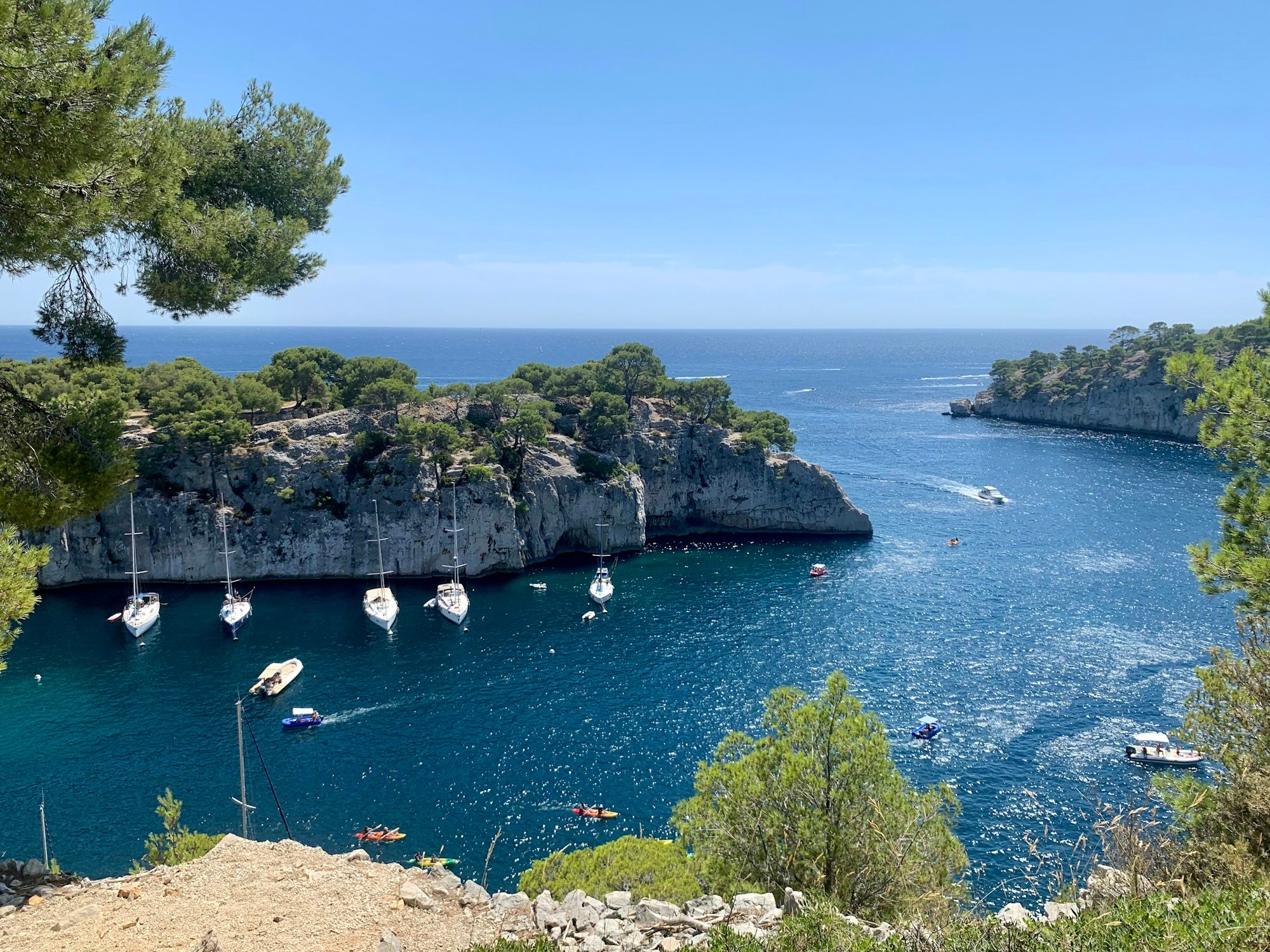 The Port-Pin calanque from above, with sailing boats at anchor